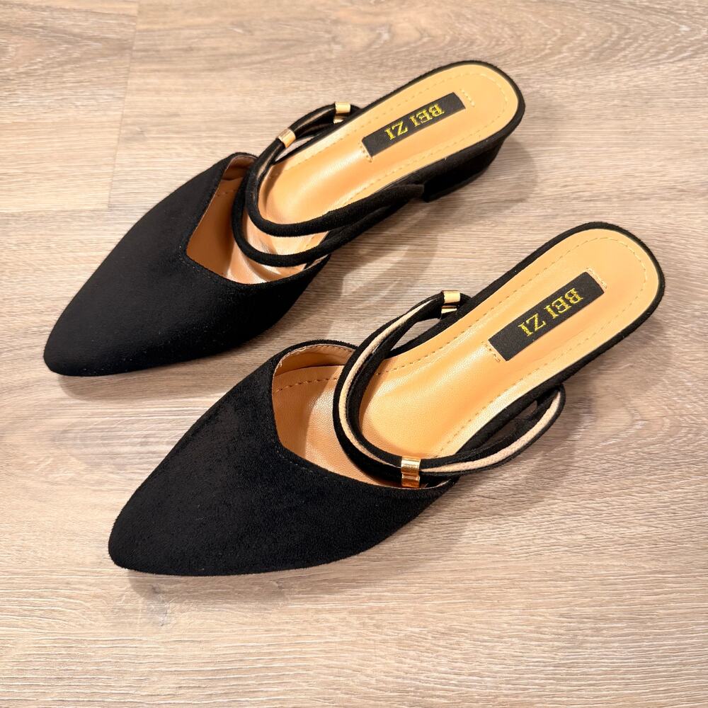 BEI ZI Black Velvet Pointed-Toe Strappy Mules EU 36